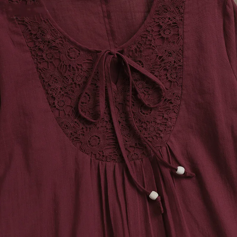 T-shirt temperamento da donna Primavera Autunno Cotone Canapa Splicing Hollow Lace Elegante girocollo Allentato T-shirt manica 3/4 Camicia