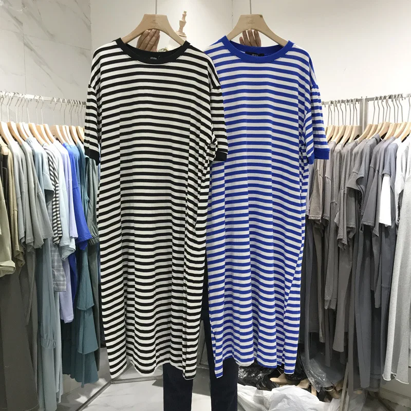 Blue Striped Dress Women 2023 Summer New Fashion Korean Medium Long Short-sleeve Knee-length Loose T-shirt Dresses Casual Office