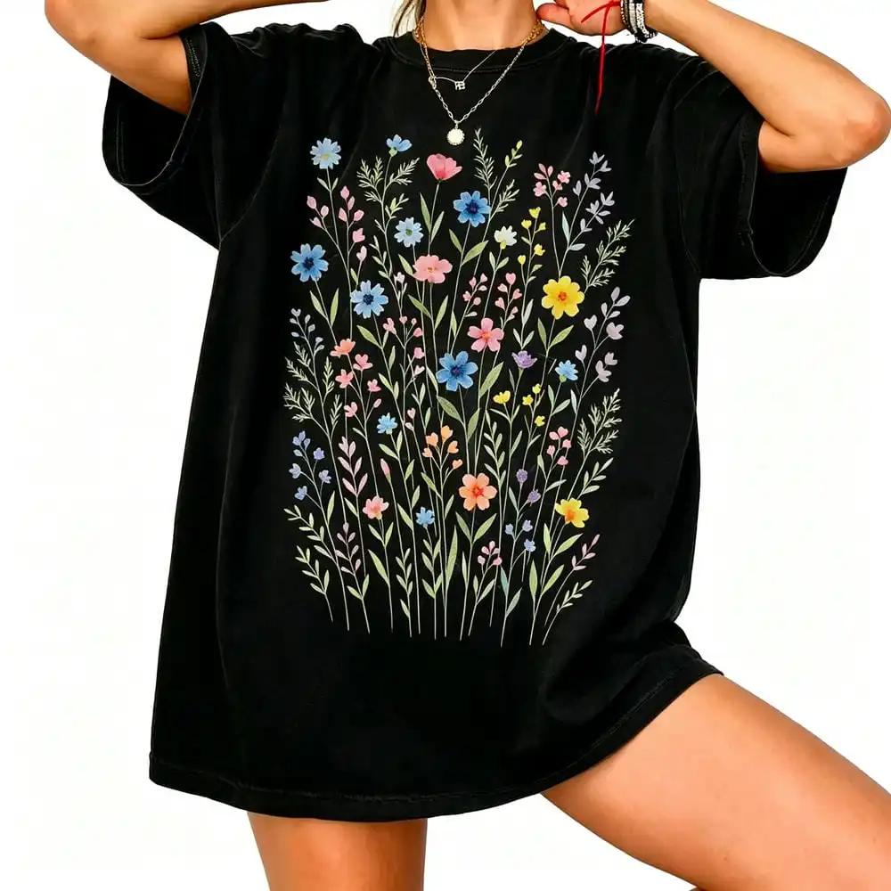 Wildflowers Vintage Style T-shirt Retro Floral Print Shirt Blooms Soft Botanical T-shirt Cottagecore Boho Botanical Casual Top