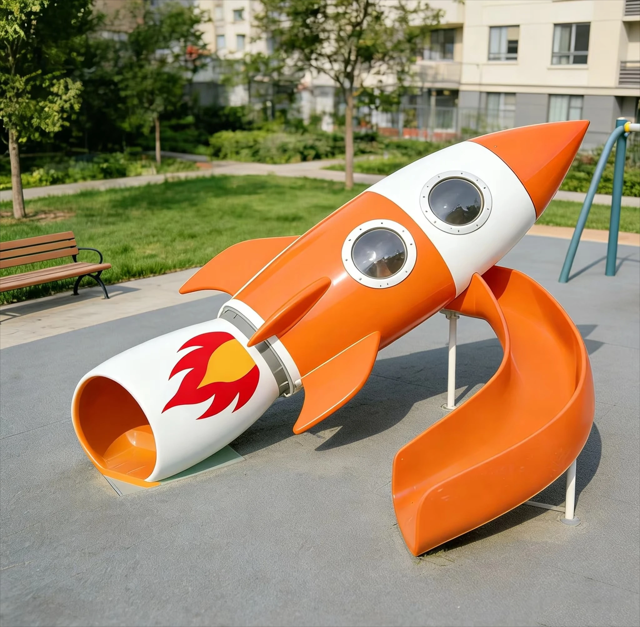 Outdoor rocket shape slide kids playground climbing tunnel amusement facility for residential community kindergarten