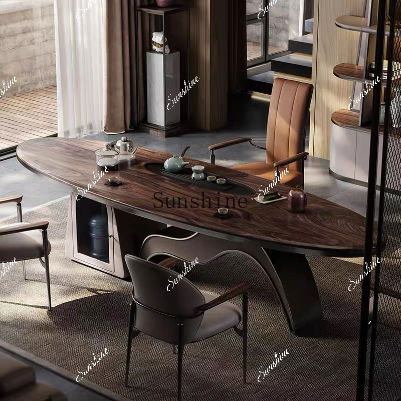 

Black walnut solid wood tea table combination modern simple light luxury high-end creative rock slab tea table FT