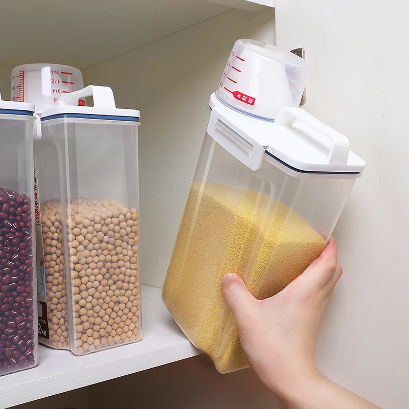 Rice Container 2.3L Rice Dispenser with Measuring Cup, BPA-Free Plastic Kitchen Pantry Food Storage Holder for Oatmeal Flour
