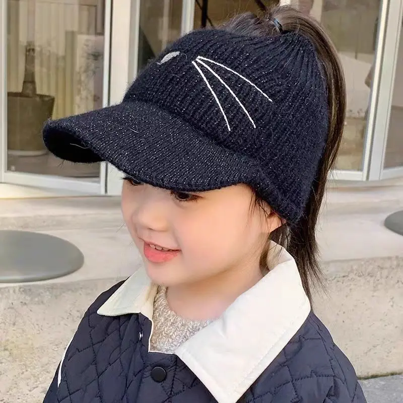 Kids Girls Woolen Hats Baby Girls Cute Autumn Winter Clothing Knitted Cat Printed Caps Princess Cute Cover Ear Bow Caps