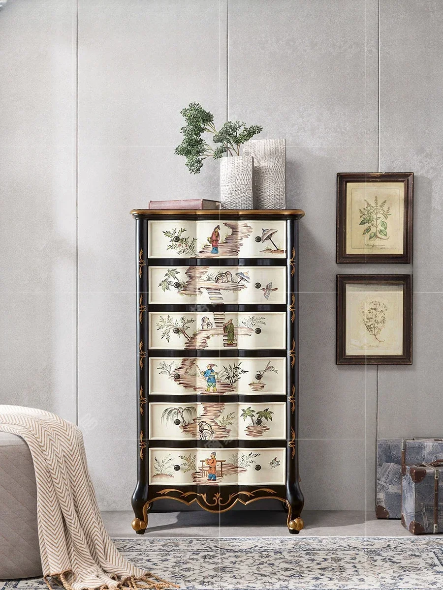 Solid Wood French-Style Painted Living Room Storage TV Side Cabinet Chinese-Style Bedroom Six-Bucket Storage Cabinet