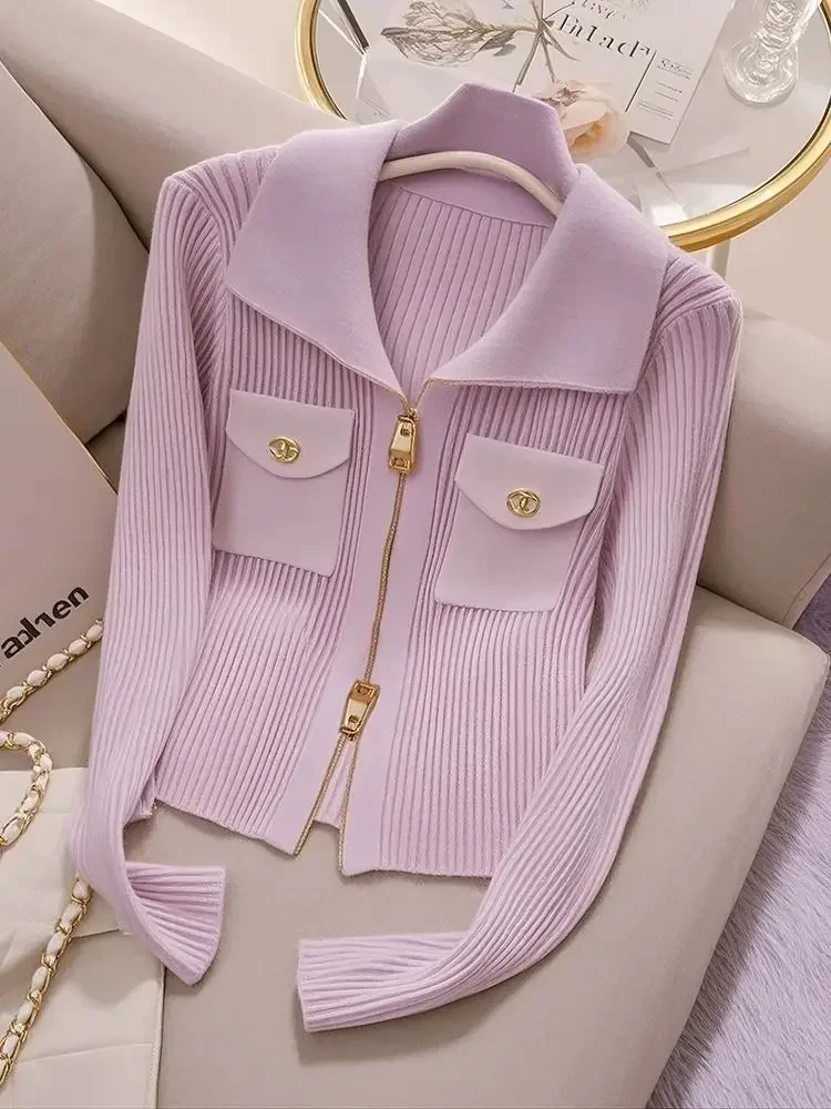 2025 moda zíper design francês rosa roxo malha cardigan para as mulheres outono novo doce emagrecimento manga longa camisola feminina topo