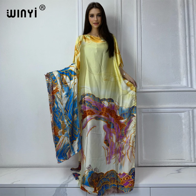 

WINYI 2024 New African Women Dashiki boho print muslim woman dubai Free Size Design With Scarf Maxi Loose African Elegant Dress