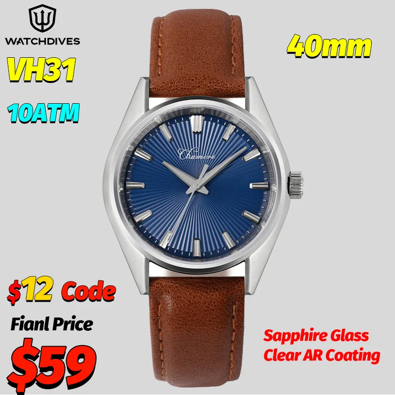 Chameri GS05 40Mm Vintage Quartz Watches New Dial VH31 Sweep Movement AR Sapphire Mirror 10Bar Waterproof Mirror Leather Strap