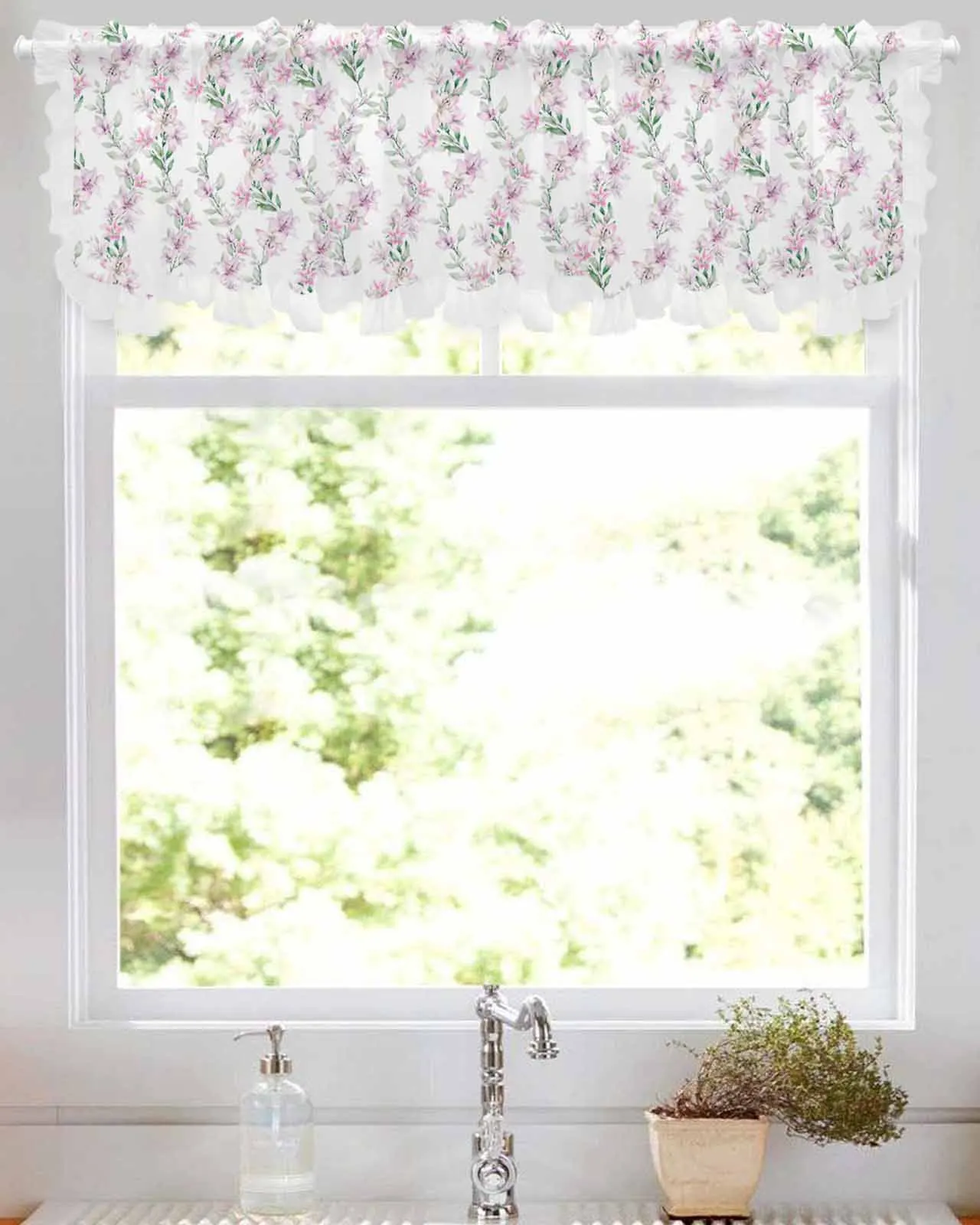 Watercolor Flower Lily Short Tulle Half Curtains for Living Room Kitchen Door Cafe Window Sheer Valance Drapes