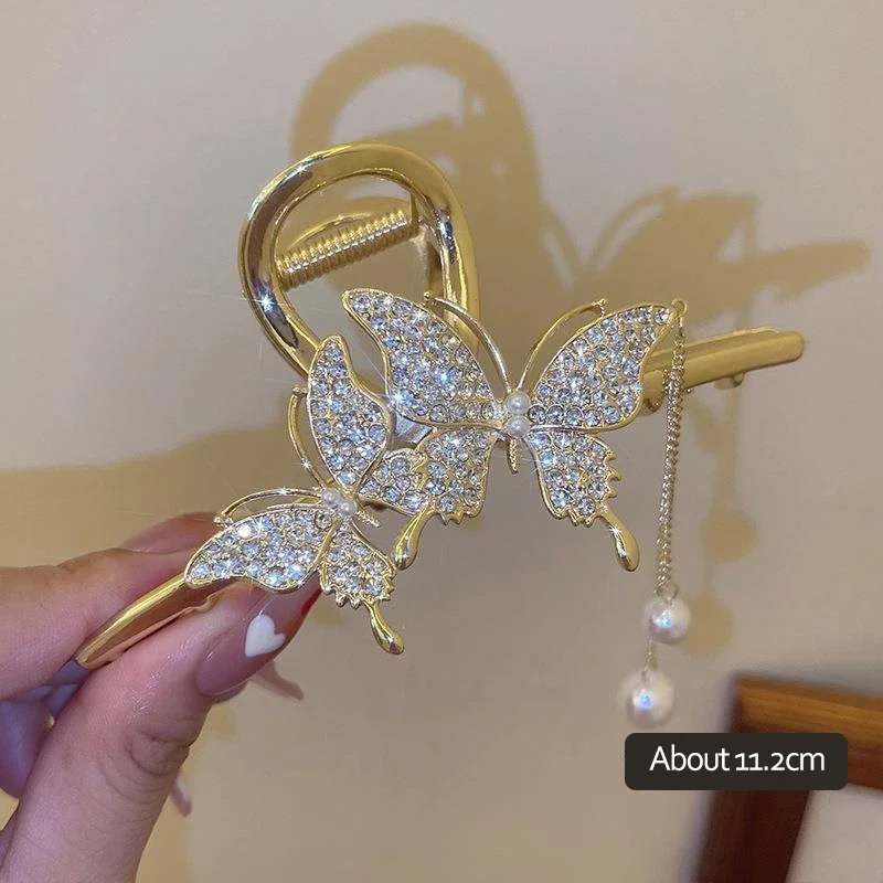 Gold High-End Ancient Style Tassel Pearl Metal Butterfly Double Flying Clip Large Hair Shark Clip hair clips for women  머리핀