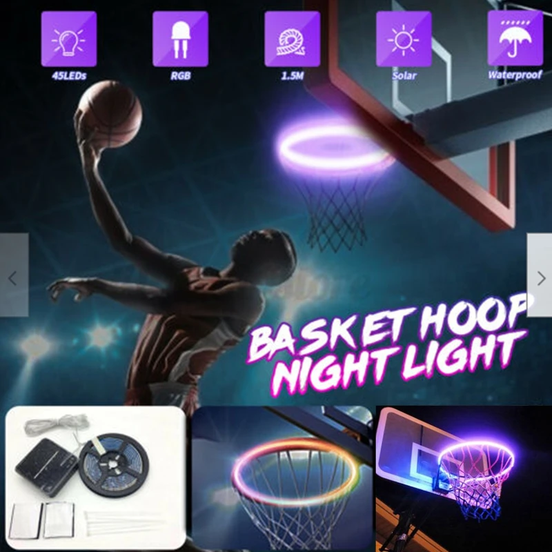 

45 LEDs Basketball Hoop Solar Light 8 Modes Basket Ring Shelf Decor Lamps IP65 Waterproof Power Strips Indoor&Outdoor Night Game