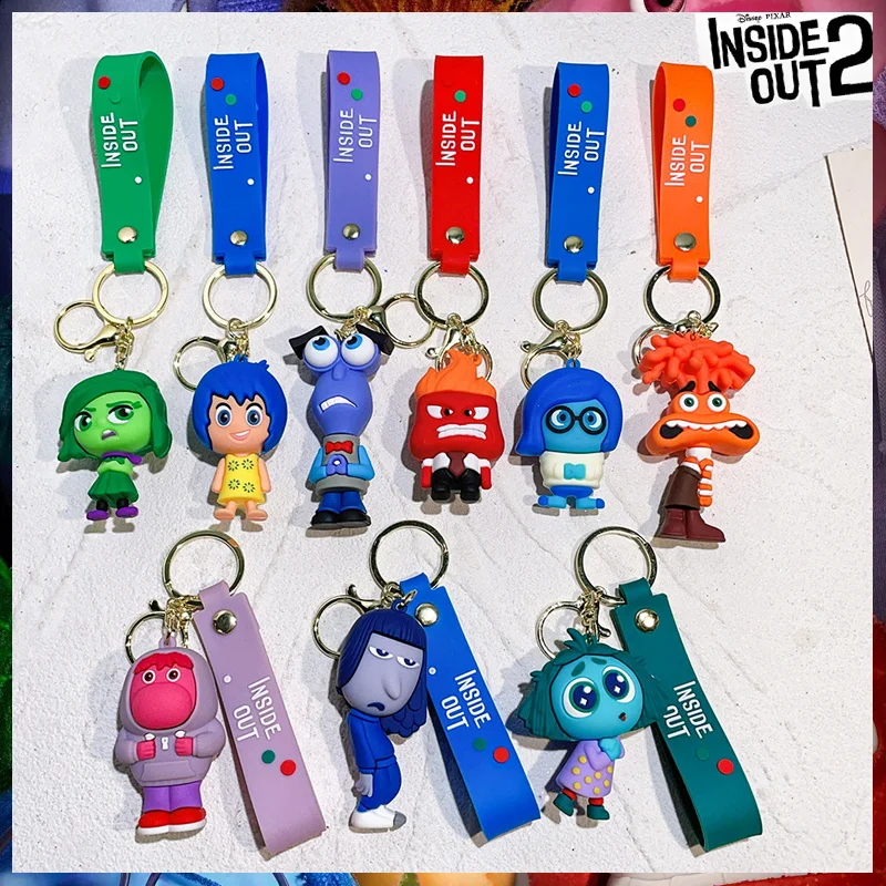 New Cartoon Disney Inside Out 2 Keychain Anxiety Disgust Fear Joy Sadness Anger Anime Figures Dolls Key Rings Pendant Kids Toys