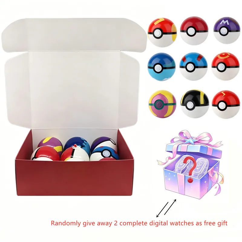 Pokemon PokeBall Gift Set, including 9 different balls, comes with 2 random LED digital watches as birthday and Christmas gifts