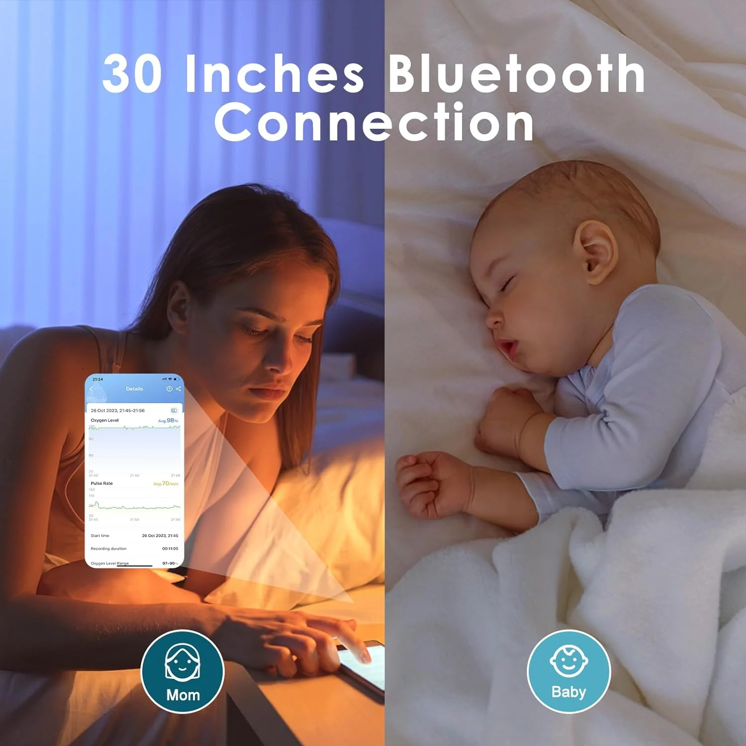 Viatom PC60NW Baby Oxygen Monitor with Bluetooth App Tracks Baby's Heart Rate Oxygen Level Baby Sleep Monitor Pulse Oximeter