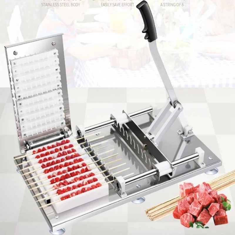 Hand Pushed Skewered Meat Wear String Machine Manual Satay Skewer Machine BBQ Stainless Steel Mutton Kebab Meat Piercing Machine