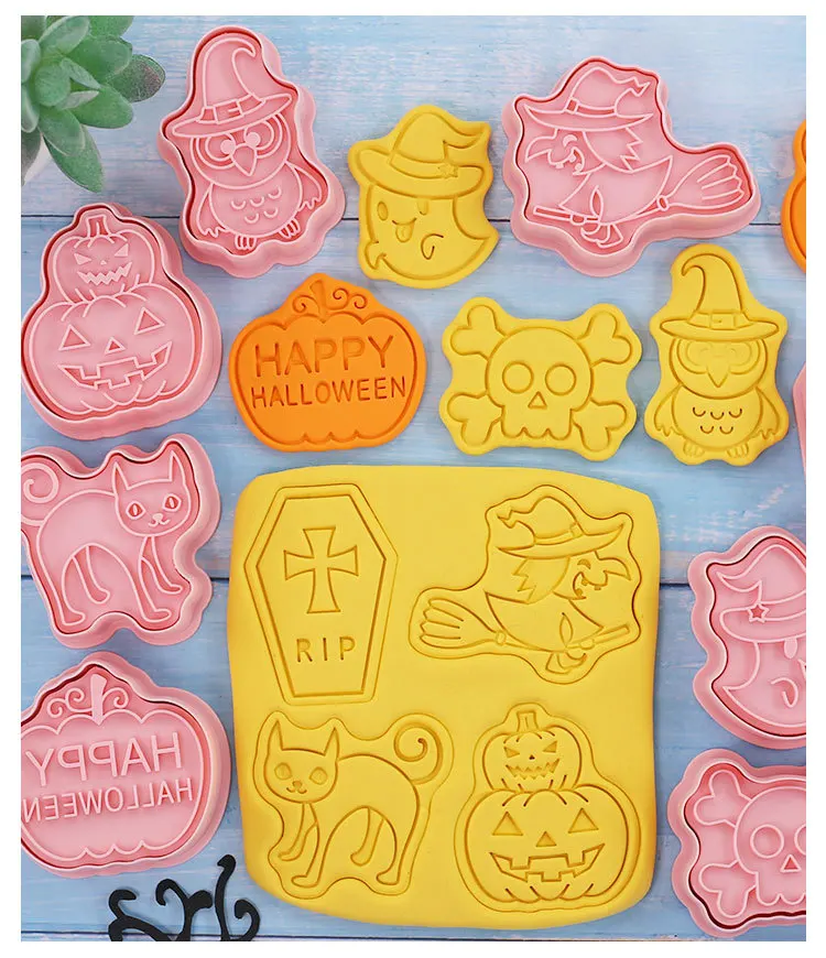 Halloween Cookies Cutters Cartoon Kürbis Pressbare Keks Form Kunststoff Süßwaren Fondant Cookie Stempel Backen Gebäck Werkzeuge – Detail 7