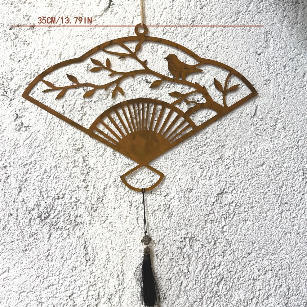 Vintage Rust Colored Iron Decor Fan 1pc Branch Bird Premium Home Courtyard Hotel Wall Art Ornament