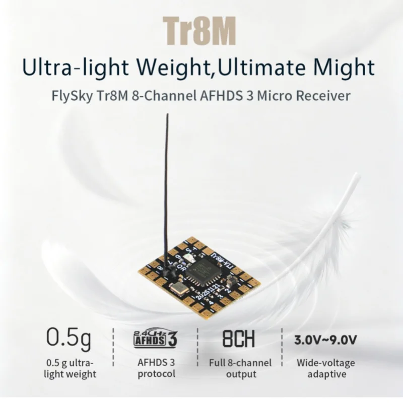 FlySky Tr8M 8 Channel AFHDS3 Micro Receiver 0.5g Ultralight Weight RC Receiver AFHDS 3 Protocol Mini Receiver for Model Aircraft