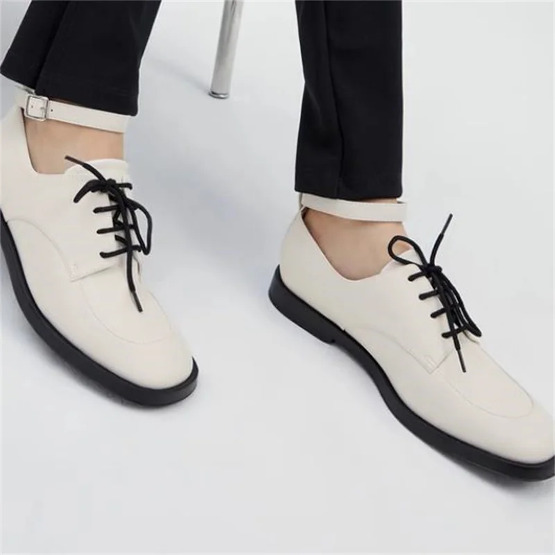 

Belts Buckle Shoes for Women Chassure Femme Low Heels Lace-up Lady Ankle Strap Sewing Lines Female Loafers Leather Zapatos Mujer