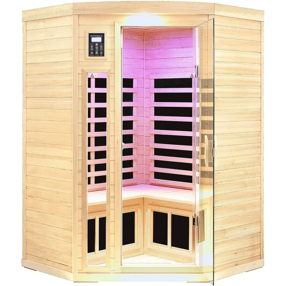 

Far Infrared Wooden Sauna Room, 2-3 Person Home Sauna, Canadian Hemlock Indoor Corner Sauna Spa, 7 Low EMF Heaters, 2 Bluetooth