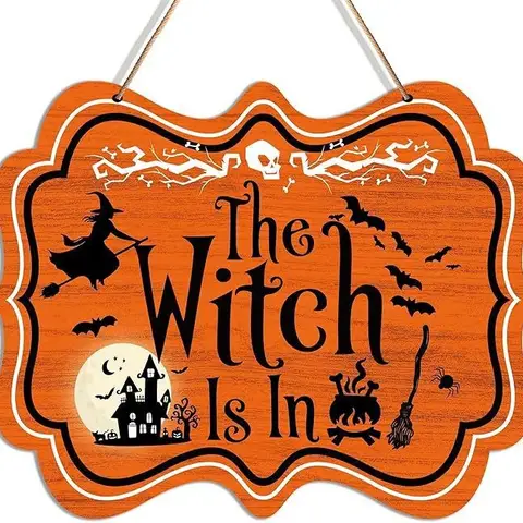 Halloween Wooden Door Sign with Pumpkin & Skull Pendant - Festive Home Decoration, Spooky Party Hanging Ornament