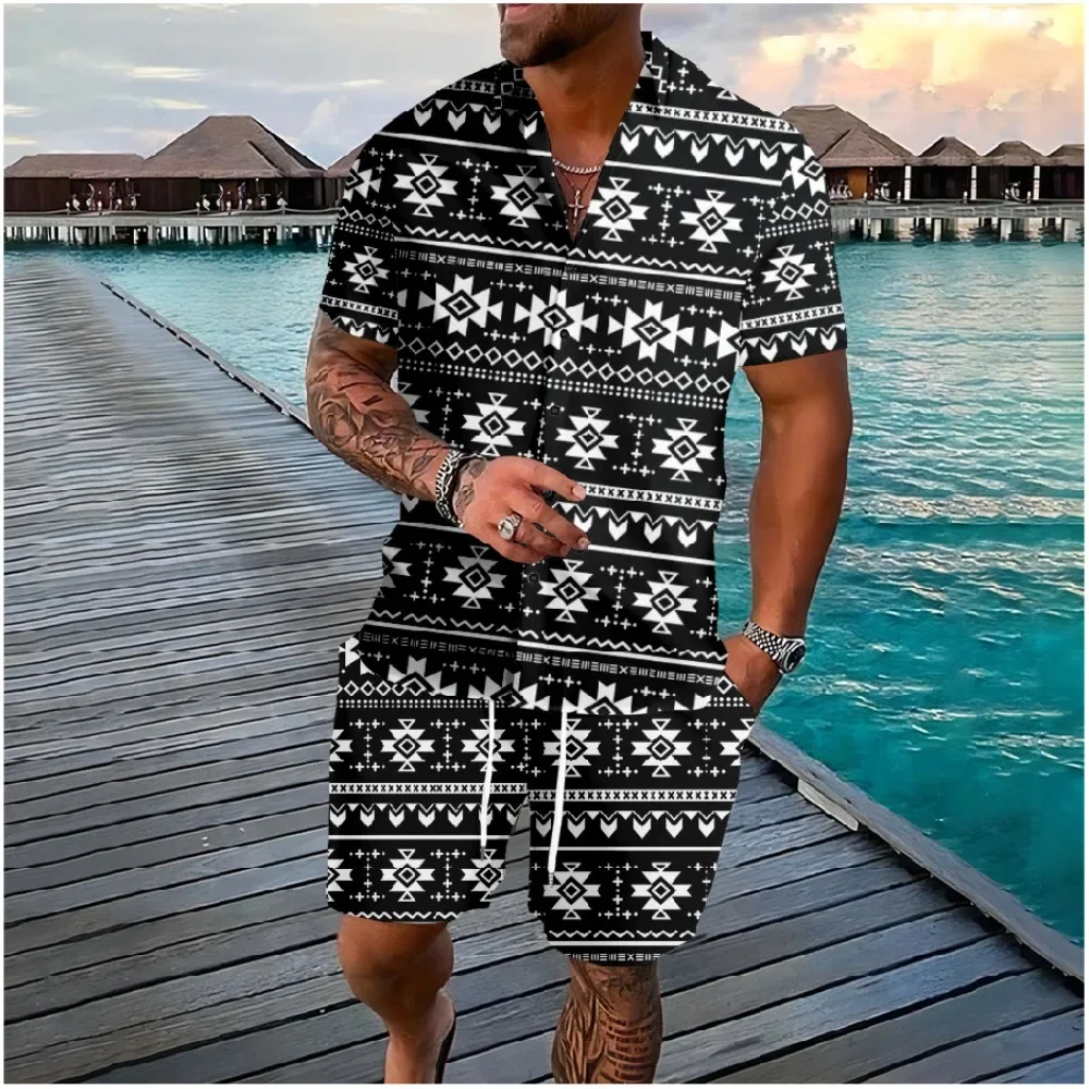 Hawaiian Vacation Style Aztec Elements Button Shirts Shorts Colors Geometry Sets Streetwear Tracksuit Casual Beach Men Clothing