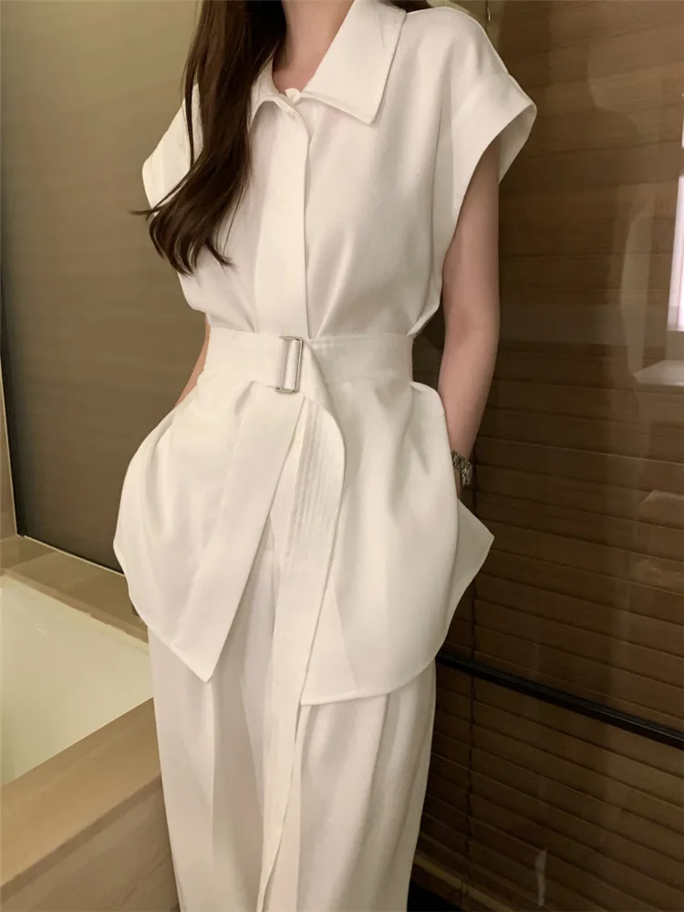 

Elegant Lady Fashion Black White 2 Piece Pants Sets New Spring Summer Belted Shirt Top&High Waist Long Wide Leg Pants 2pc Suits