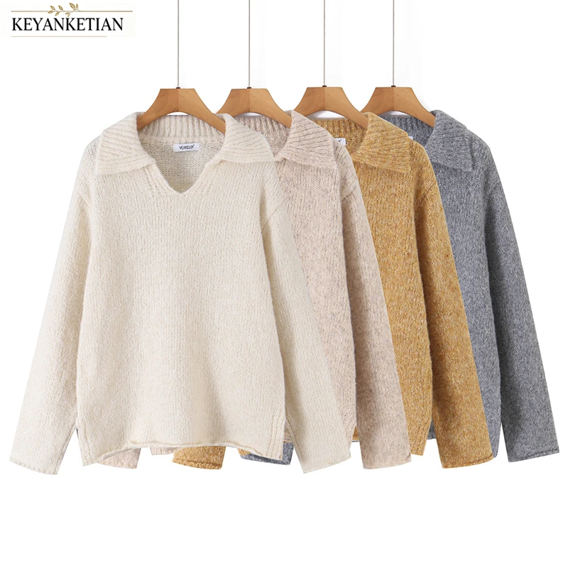KEYANKETIAN 2026 Autumn Winter Women Wool Blend Jumper Lapel V Neck Oversized Long Sleeve Textured Knit Warm Casual Sweater Top