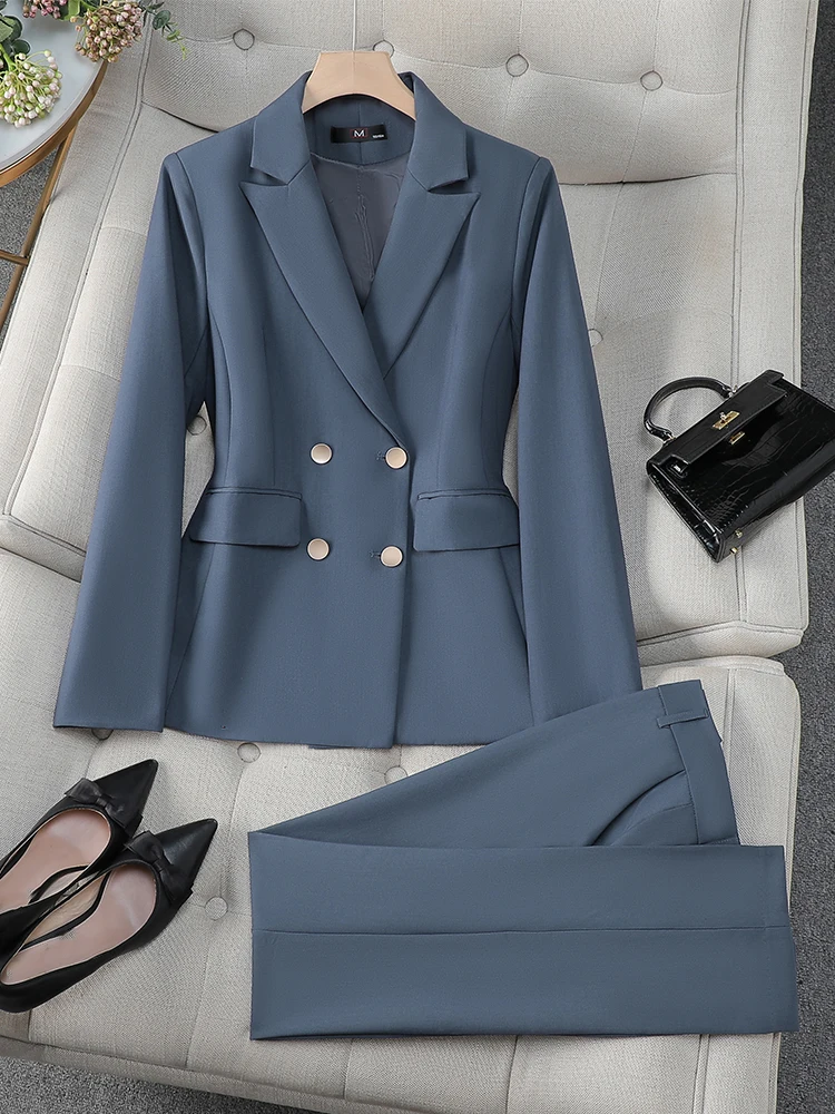 Fashion M-8XL Office Ladies Formal Pant Suit Set Women Gray Purple Female Business Work Wear 2 Piece Blazer Jacket And Trouser