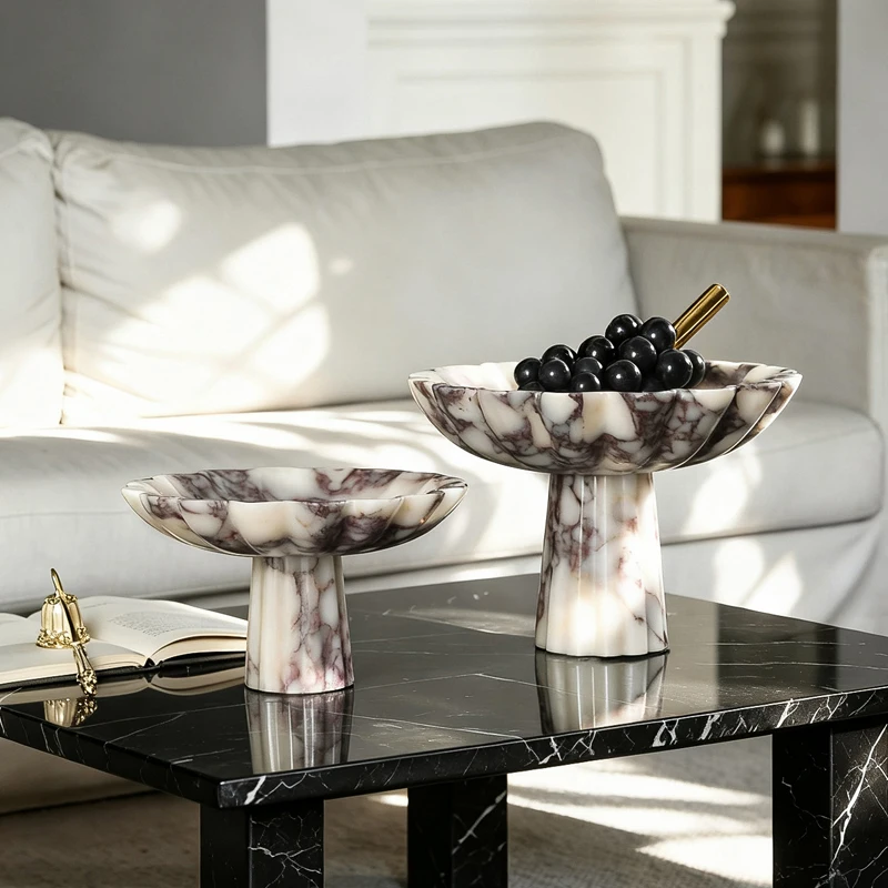 Calacatta Viola Marble Pedestal Fruit Bowl Ruffled Edge Stone Tray Luxury Snack Jewelry Storage Dish for Living Room Home Decor