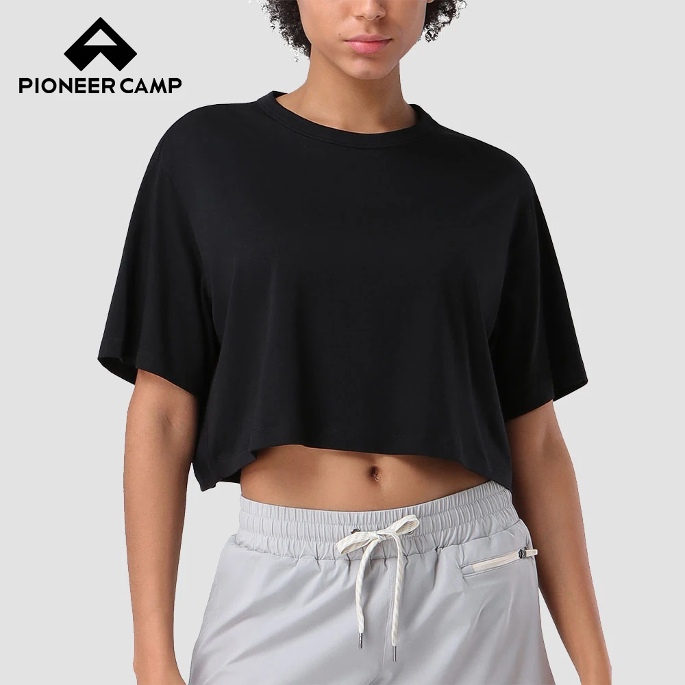 

Pioneer Camp Bamboo Viscose Workout Crop Tops for Women Short Sleeve Loose T-Shirts Cropped Athletic Gym Running Yoga Tee