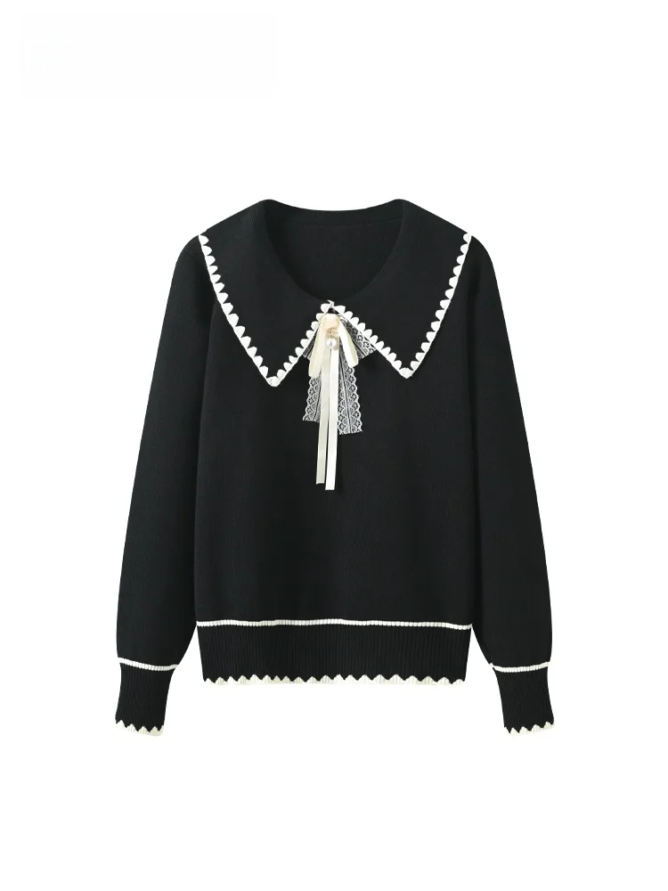 

plus Size Knitted Sweater with Doll Collar Long Sve Women's Autumn Faionable Age-Reversing Design Top for Plump Sister
