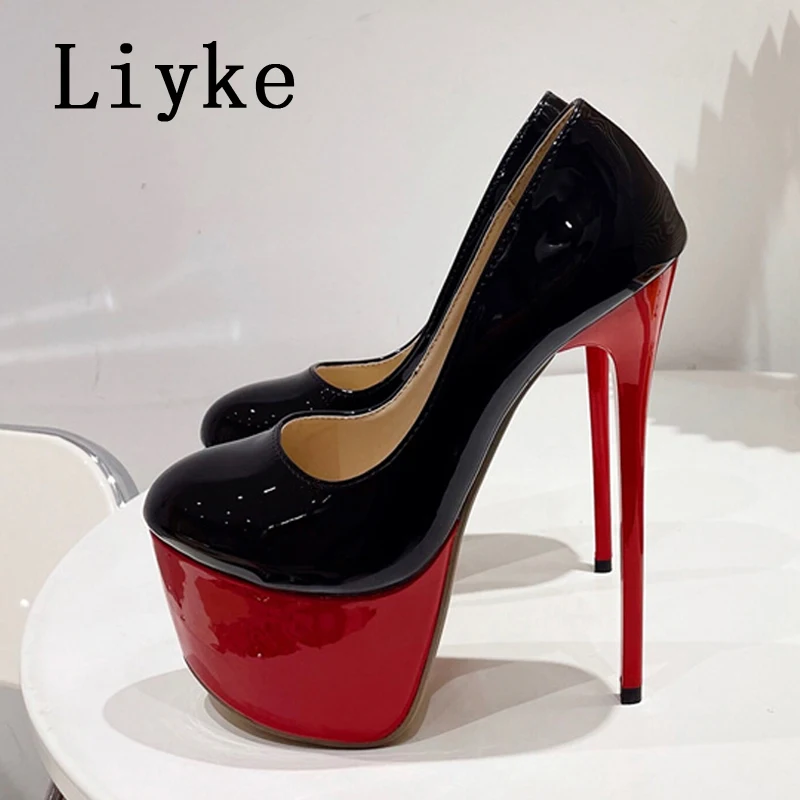 Liyke Classics Black Red High Heels For Women Sexy Shallow Round Toe Slingback Platform Pumps Wedding Banquet Shoes Stilettos