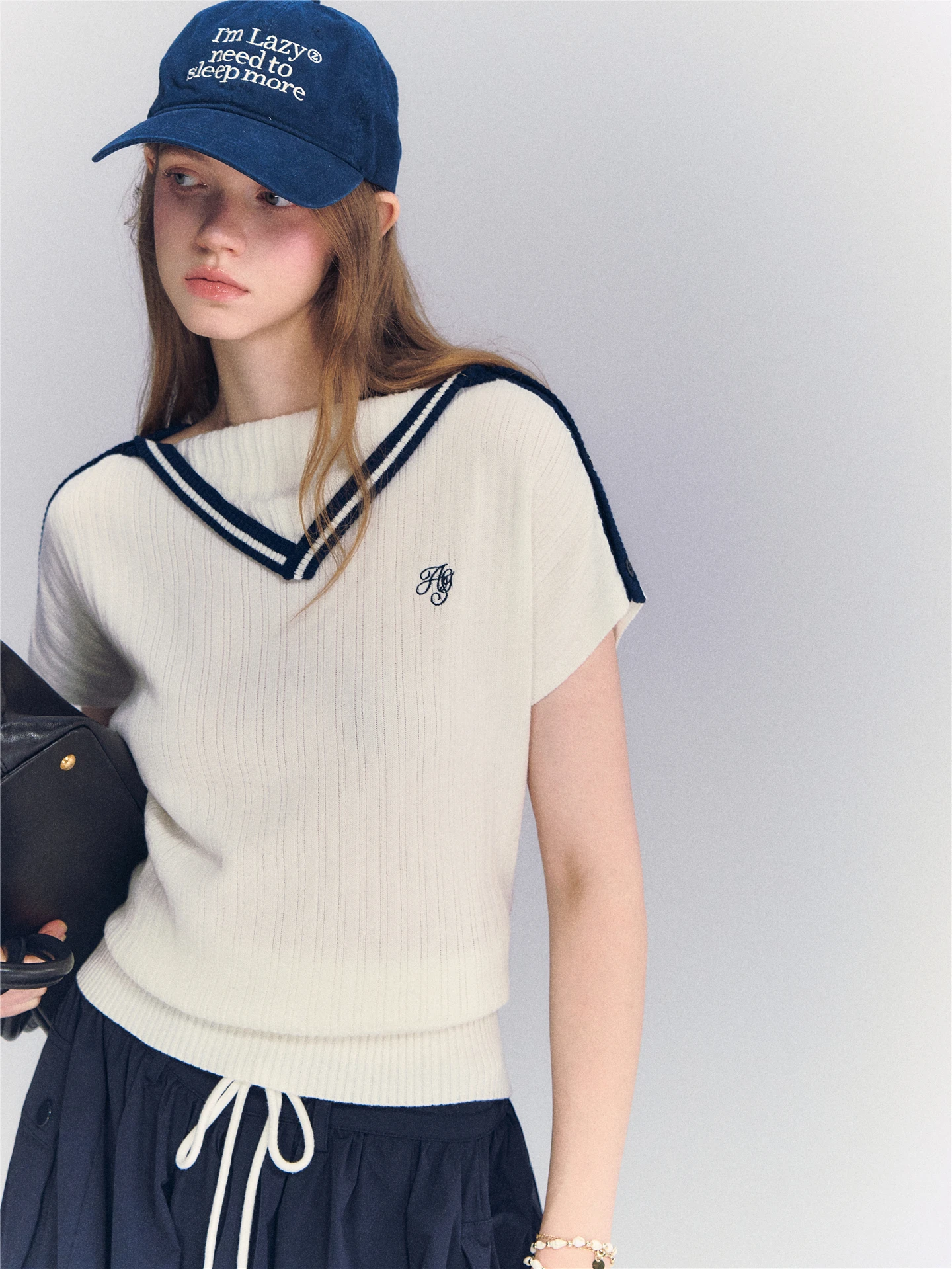 AsGony Casual Style Knitted Slim Fit Short Sleeve Top Waist Cinched Color Block Design Versatile Leisure Wear for Women
