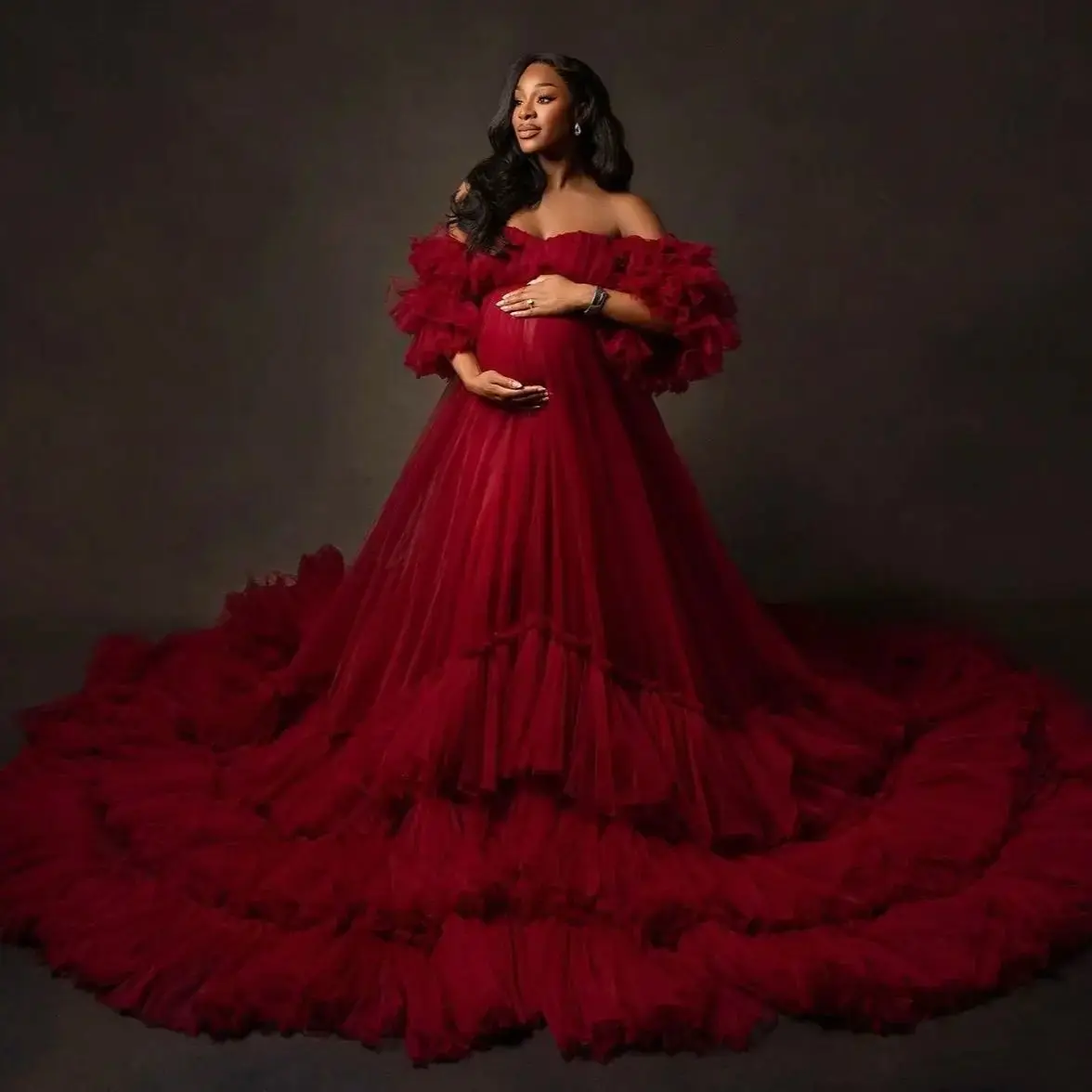 

Темно-красные халаты для беременных с оборками, платья для беременных женщин, бордовые платья для детского душа по индивидуальному заказу с открытыми плечами