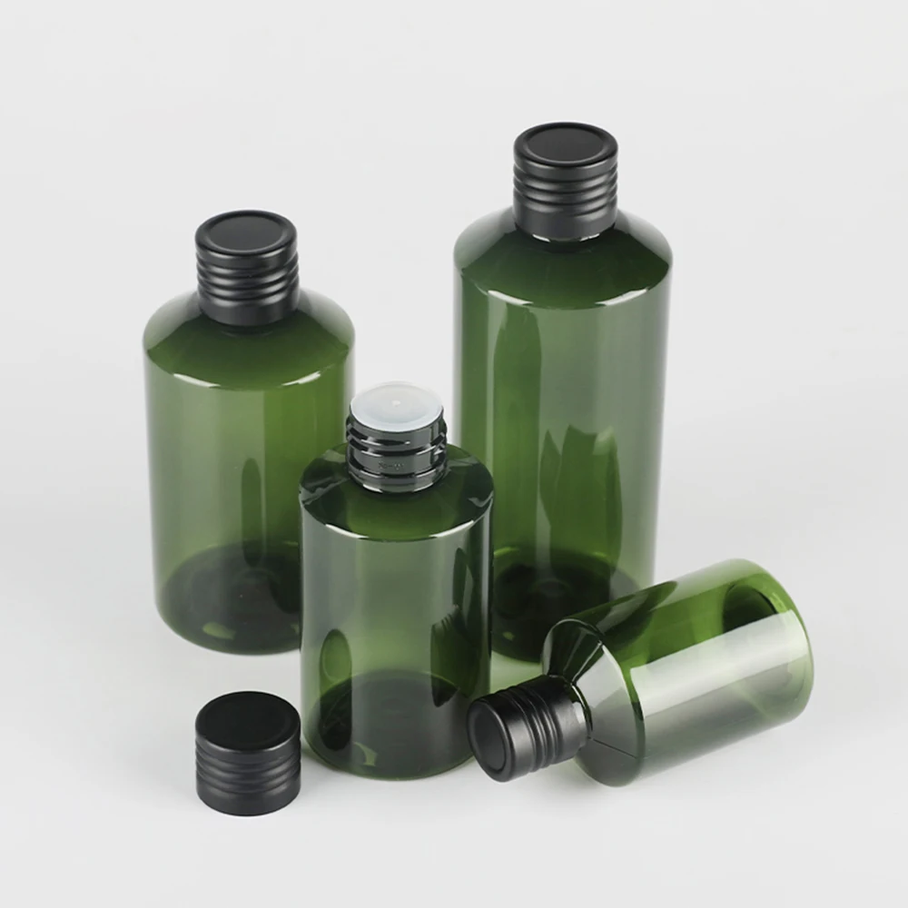 20Pcs Empty Plastic Bottles Dark Green with Inner Plug Black Aluminum Cap for Toner Lotion Storage 50ml 100ml 150ml 200ml