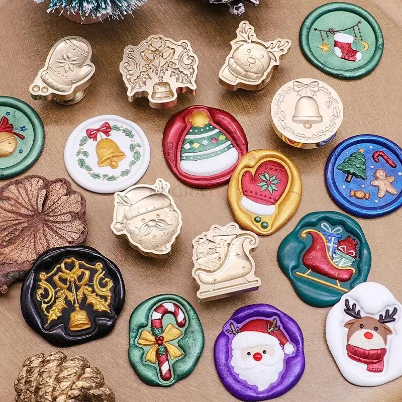 

2024 Christmas 3D Embossed Wax Seal Stamp Deer Glove Stocks Cane Sugar Santa Claus Bells DIY Gift Greeting Card Decoration Tools