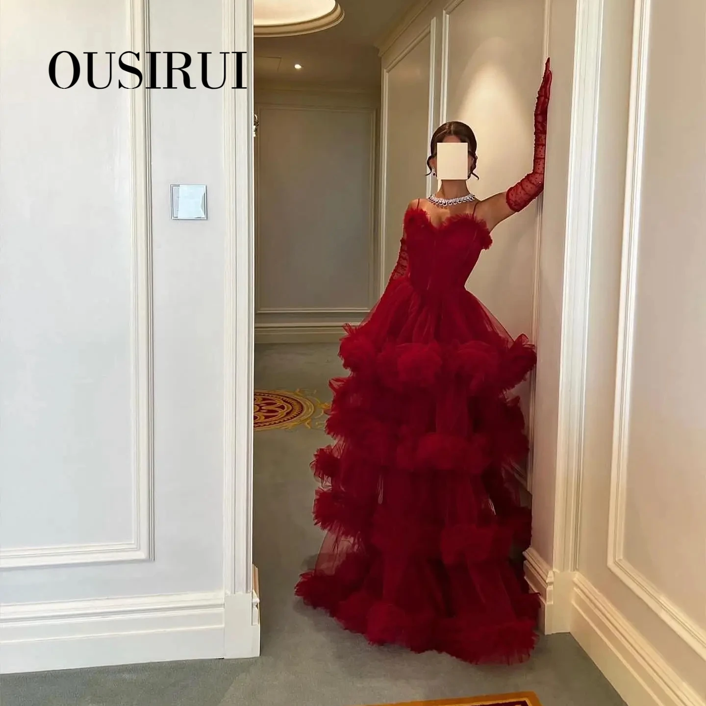 OUSIRUI Burgundy Tulle Tiered Ruffles Evening Dresses with Gloves Pink Spaghetti Straps Wedding Party Gowns فساتين سهره