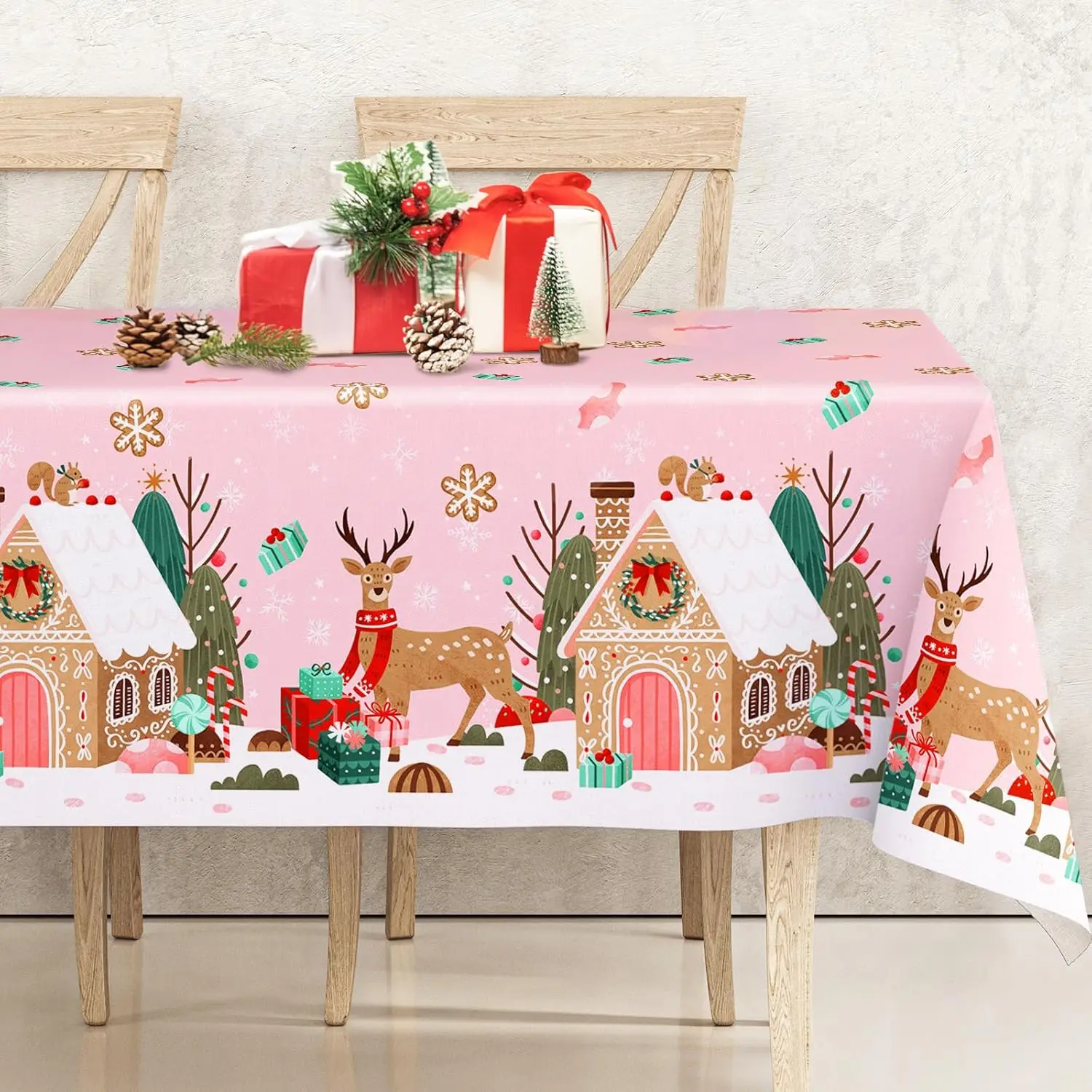 AnyDesign Pink Christmas Tablecloth Gingerbread House Reindeer Table Cover Rectangle Table Cloth for Xmas