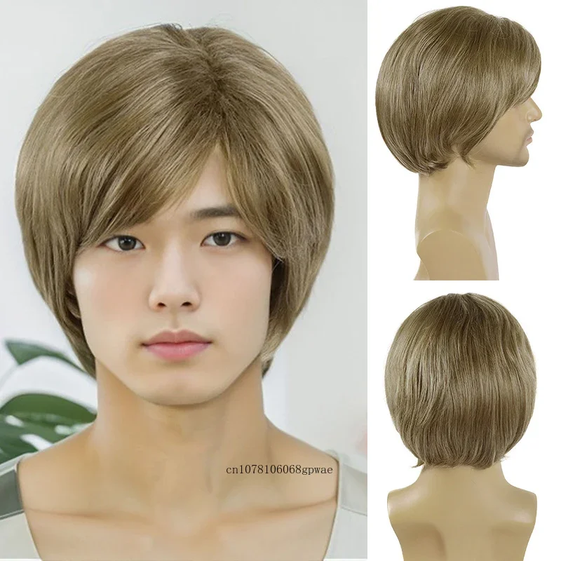 Brown Wigs for Men Boys Synthetic Hair Short Straight Wig with Bangs Daily Costume Party Cosplay Use Soft Hair Heat Resistant