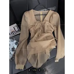 Mesh Long Sleeved Temperament V-neck Pleated Shirts Chemise Femme Elegant Blouse Blusa Feminina Thin Chiffon Tops Chic