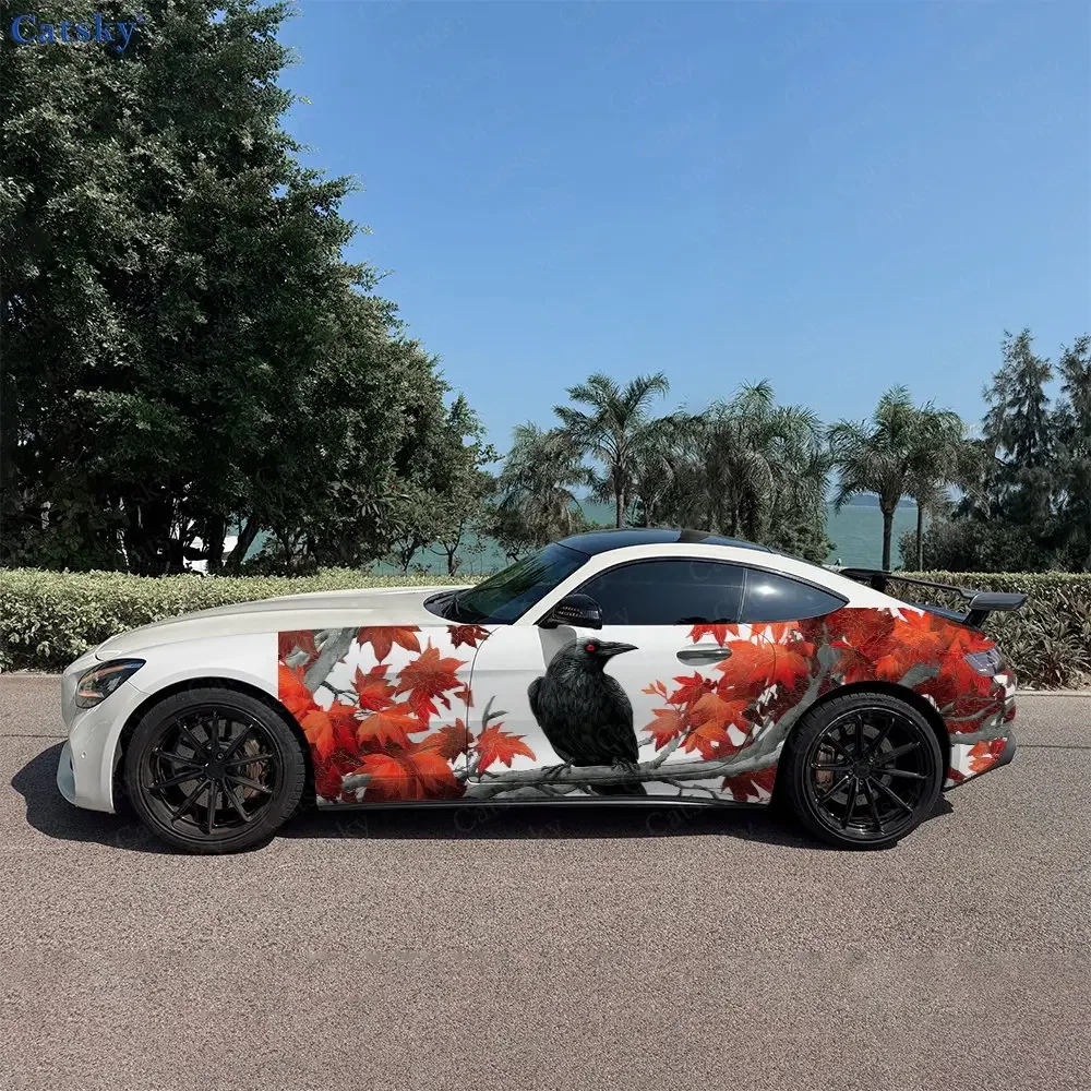 2pcs Red Maple Perched Crow Car Side Wraps, Self-Adhesive PVC Waterproof & Scratch-Resistant Stickers, Car Accessory Gift
