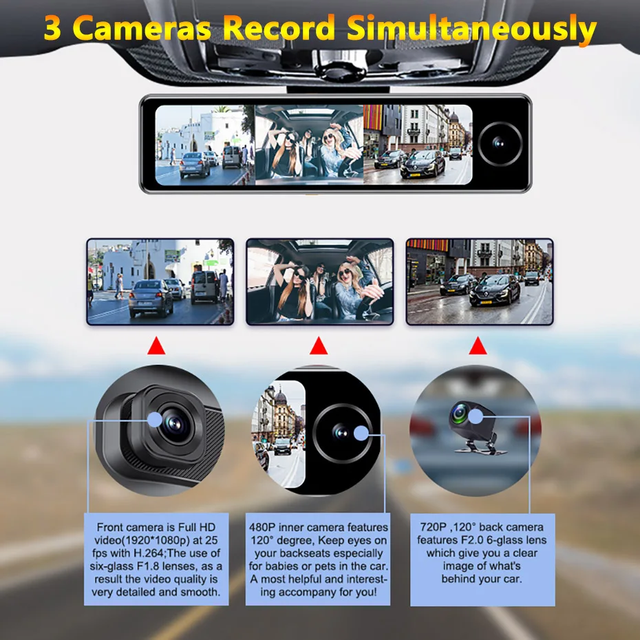 4G Video Recorder 3-CH Car DVR ADAS Android 8.1 Rear View Mirror 1080P Special Bracket Auto 11