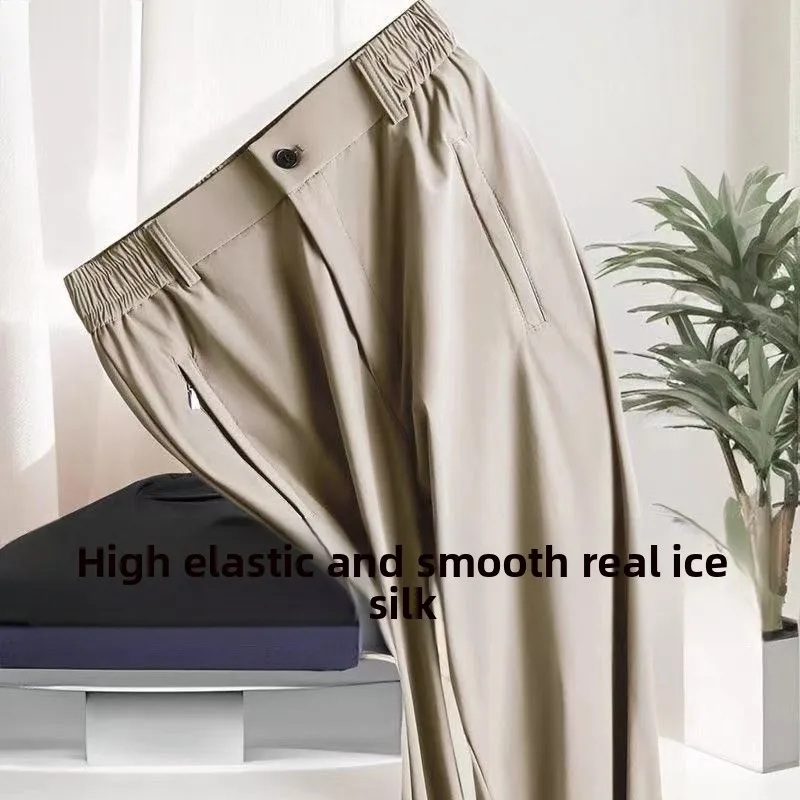 Suits Pants, Outdoor Fashionable Sport Elastic Waist Cool Feeling Summer Lightweight Mid-aged Business Breathable Casual Pants