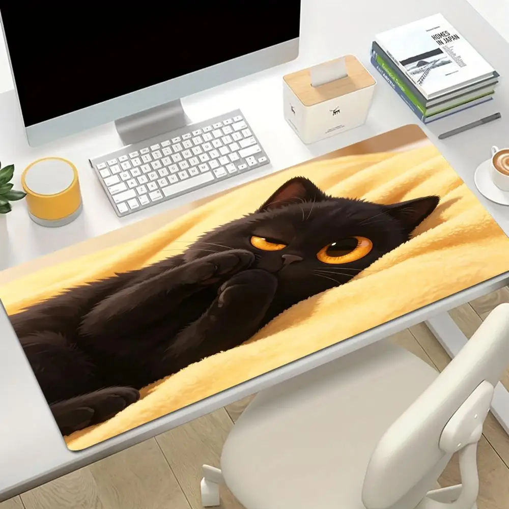Laptop Gaming Pad Sweet Cozy Black Cat Art Playmat Large Size Natural Rubber Anti‑Slip For Game Bedroom Desktop Office