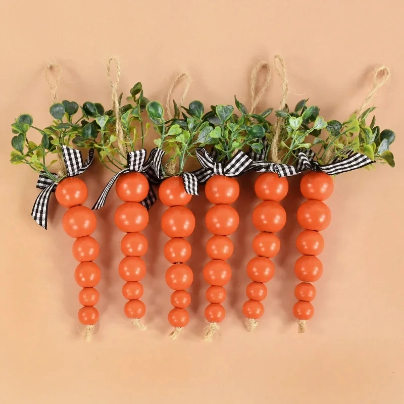 

6PC Easter Carrot Wooden Beads Ornament DIY Wreath Hanging Pendants for Easter Tree Decorations Wood Bead Bunny Carrot