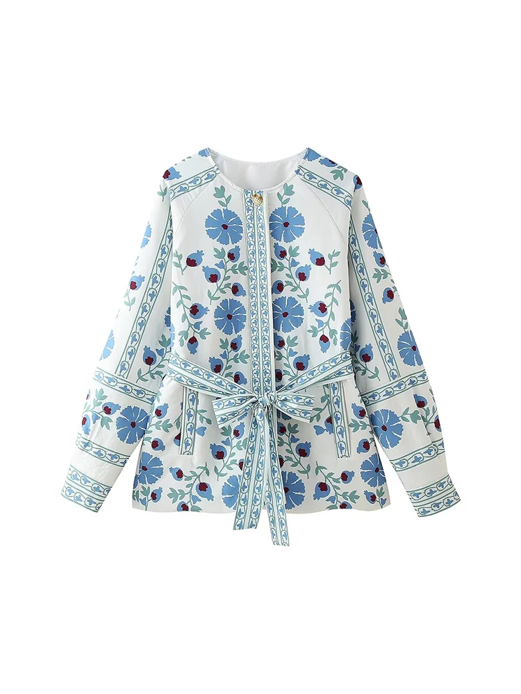 TRAF2024 European and American style new women\'s clothing fashionable and versatile style belted printed cotton jacket