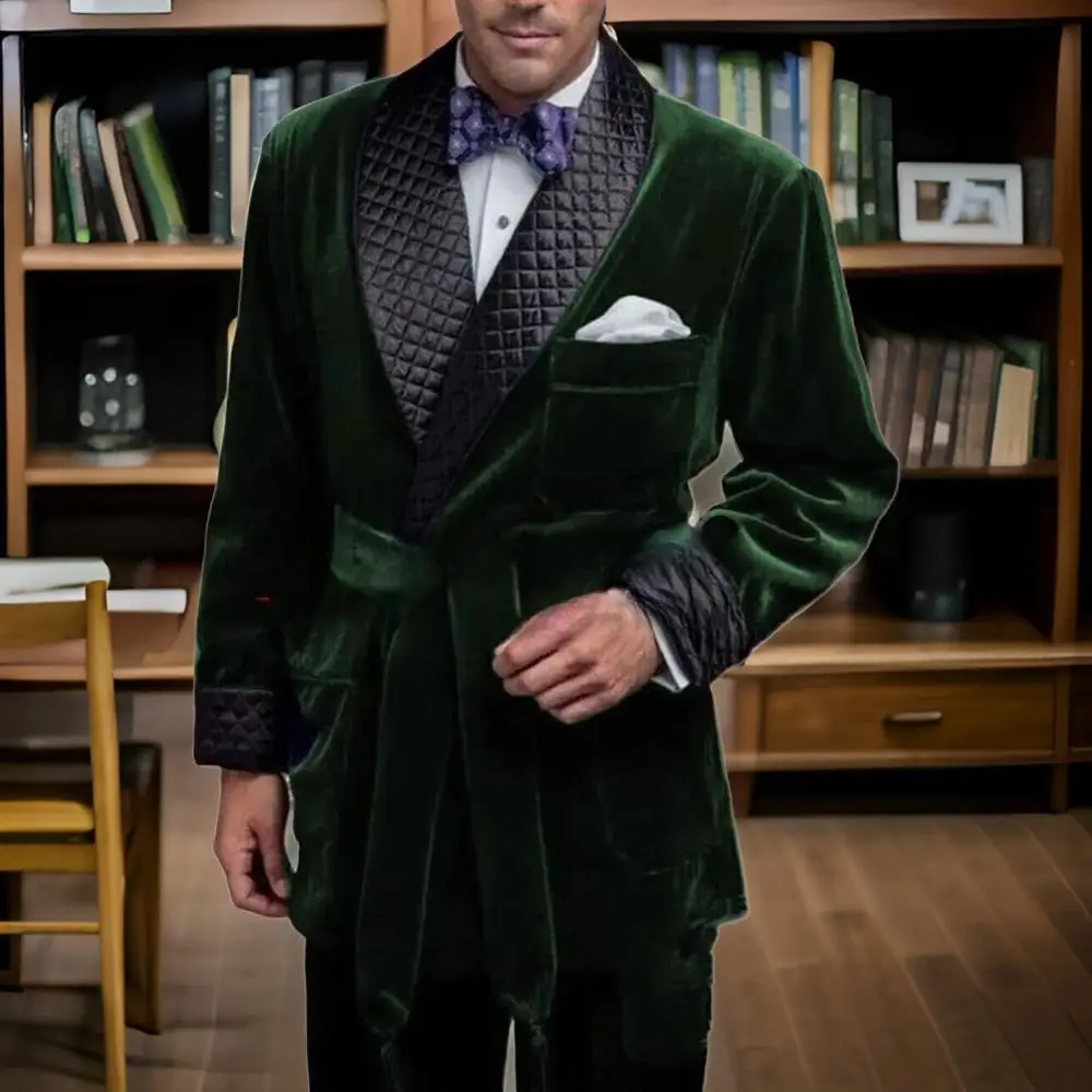 Green Velvet Smoking Suit Jackets for Men with Belt Black Lapel Prom Blazer Custom Made Man Dinner Evening Party Coat 2025