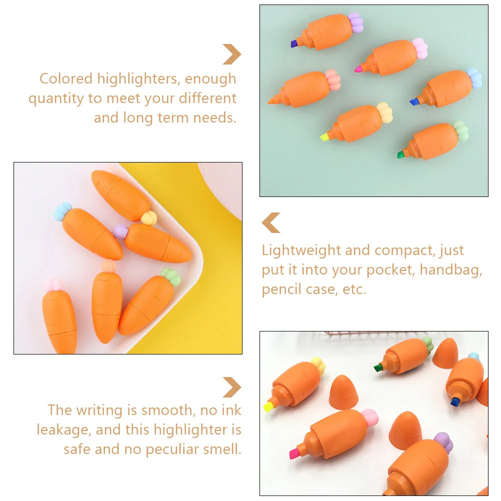 

3Pcs Colored Mini Highlighters Carrot Shape Portable Cartoon Highlighter Pens Smooth Writing Students Office Supplies Markers