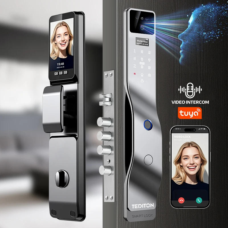 Tediton Ai App Wifi Video Intercom Face Id Locks Biometric Fingerprint  Smart Door Lock for Wooden Doors