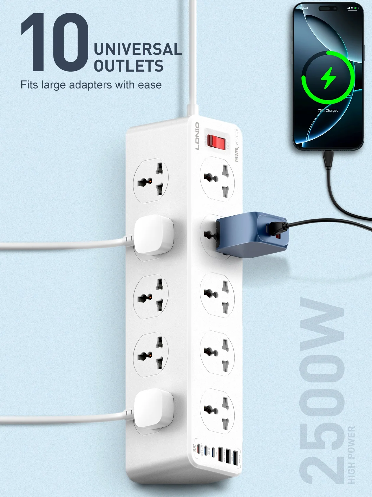 LDNIO 10 AC Outlets Power Strip Electrical Sockets with 33W USB C Charging Ports 2M Extension Cord Surge Protector UK US EU Plug